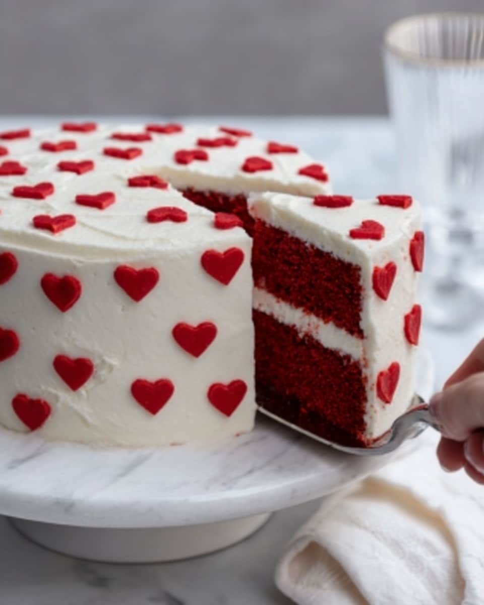 A white frosted cake with small red heart shapes evenly spaced on the outside. The cake has two thick layers of bright red sponge visible where a slice is being lifted out by a woman's hand holding a cake server. Between the red layers is a smooth white cream layer matching the outside frosting. The cake sits on a white plate placed on a white marbled surface, and there is a blurred glass in the background. photo taken with an iphone --ar 4:5 --v 7