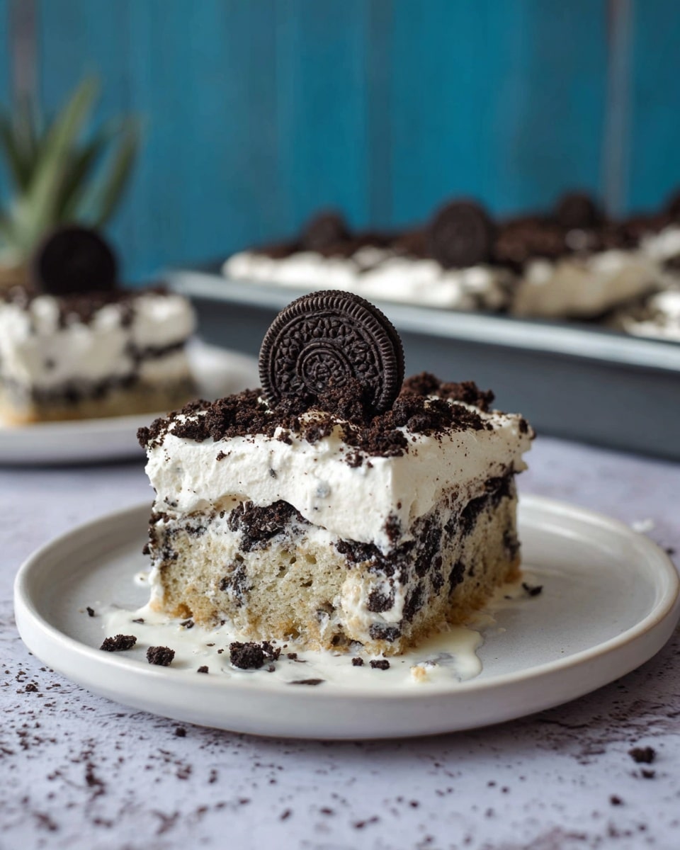 A square slice of cookies and cream cake with three visible layers sits on a white plate, resting on a white marbled texture surface. The bottom layer is light beige soaked cake with dark cookie crumbs scattered throughout, appearing moist with some cream seeping onto the plate. The middle layer is thick, white whipped cream with a smooth texture, topped with crumbled dark chocolate cookies. On top, a whole dark chocolate sandwich cookie with white filling is placed in the center. In the background, a tray of the same cake and two more slices on white plates are slightly out of focus with a blurred blue wooden background. photo taken with an iphone --ar 4:5 --v 7