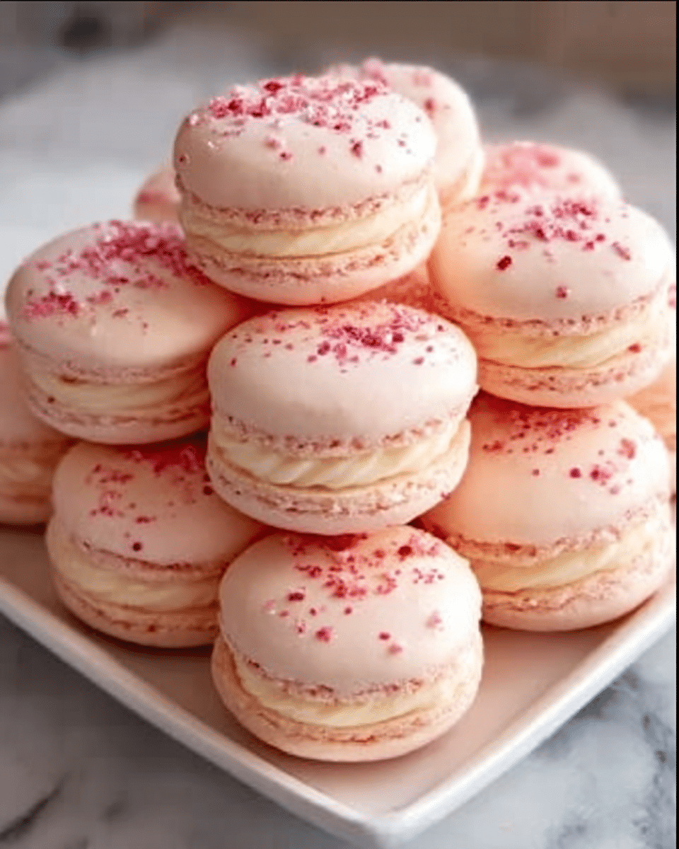 A cluster of nine light pink macarons are stacked closely on a white square plate, each macaron featuring two smooth, slightly glossy shells with a creamy, pale yellow filling visible in the middle, making two distinct layers. The tops of the macarons are sprinkled with small red and pink bits that add delicate texture and color contrast. The scene is set on a white marbled surface, giving a clean and elegant feel. The lighting is soft, highlighting the gentle sheen on the macarons' shells and the creamy filling inside. Photo taken with an iphone --ar 4:5 --v 7