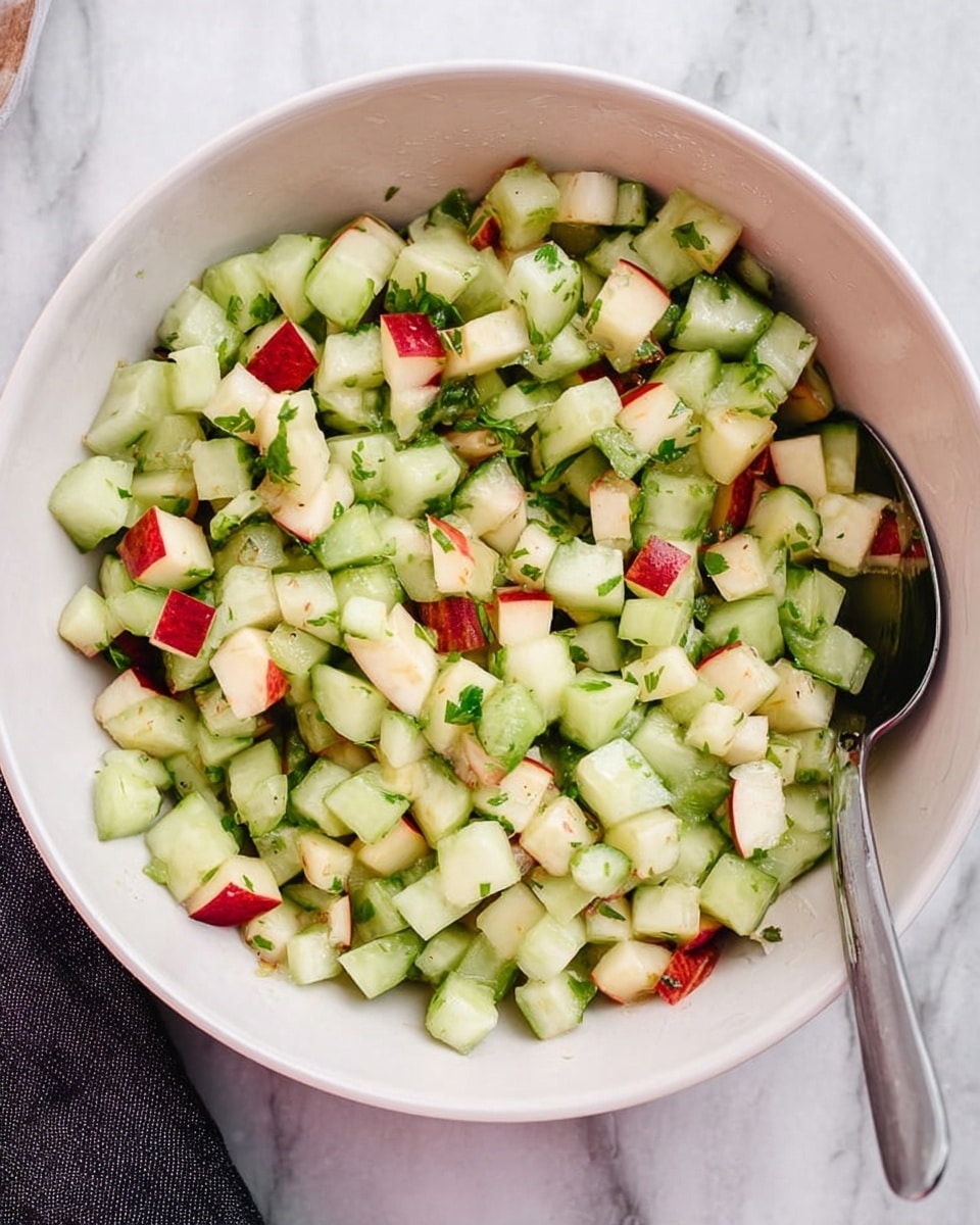 A white bowl filled with a fresh salad made of small diced pieces of green cucumber and red-skinned apple, mixed with some light green herb leaves scattered throughout. The salad pieces are chunky and evenly cut, showing a mix of light green, dark green, white, and red colors with a slightly glossy texture from moisture or dressing. A silver spoon is tucked inside the bowl on the right side. The bowl is placed on a white marbled surface with a small dark cloth partially visible at the bottom left corner. Photo taken with an iphone --ar 4:5 --v 7