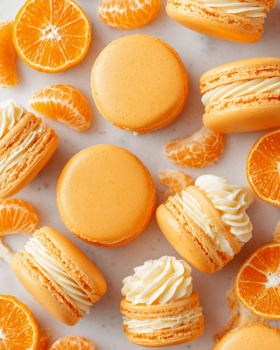 The image shows several orange macarons scattered on a white marbled surface, each macaron made of two smooth, round orange shells with a layer of creamy white filling in between, piped in a swirl pattern. Some macarons are closed, showing only the soft orange top, while others are open-faced with visible creamy filling. Interspersed among the macarons are halved bright orange tangerines, displaying their juicy segments and white pith at the center. photo taken with an iphone --ar 4:5 --v 7