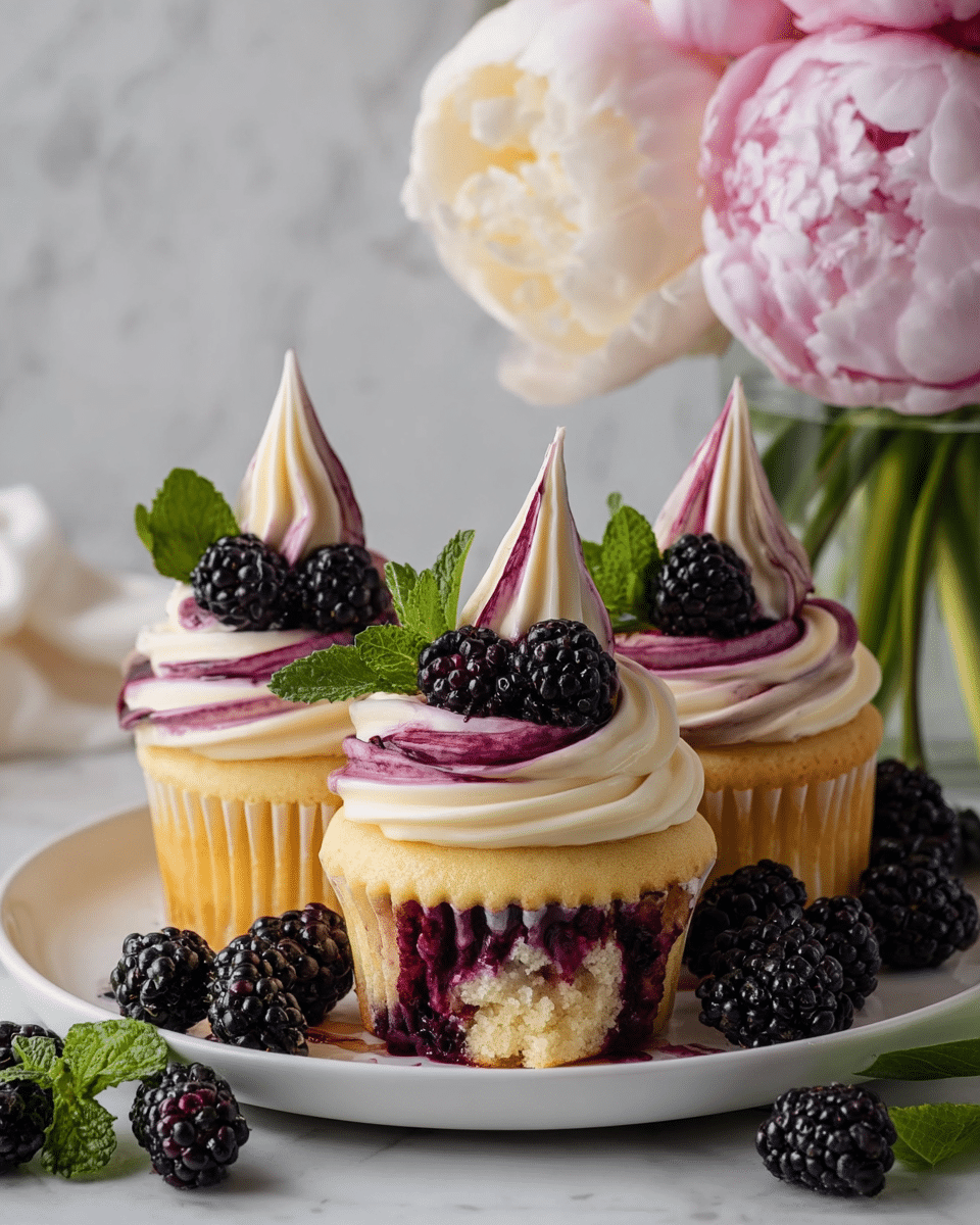 The image shows three yellow cupcakes on a white plate with creamy swirled frosting made of white and dark purple colors, topped with fresh blackberries, black raspberries, and a small green mint leaf on each. The cupcakes have a moist texture with dark purple fruit filling visible in the cupcake in the front. Each cupcake is decorated with a tall, pointed cream swirl on top, and extra berries and mint leaves surround them on the plate. The scene is set against a white marbled background, with a vase of pink and white peonies in the top right corner. photo taken with an iphone --ar 4:5 --v 7