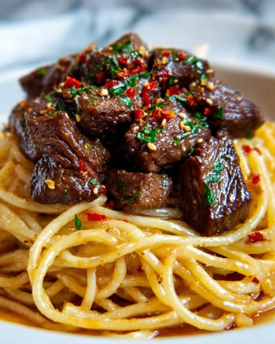 The image shows a close-up of a dish with thick spaghetti noodles at the bottom, light golden in color and slightly glossy from sauce. On top, there are several pieces of cooked beef, dark brown with a shiny glaze and a tender texture. The beef is sprinkled with small green herb bits and tiny red chili flakes, adding color contrast. The food sits on a white plate, placed on a white marbled surface. Photo taken with an iphone --ar 4:5 --v 7