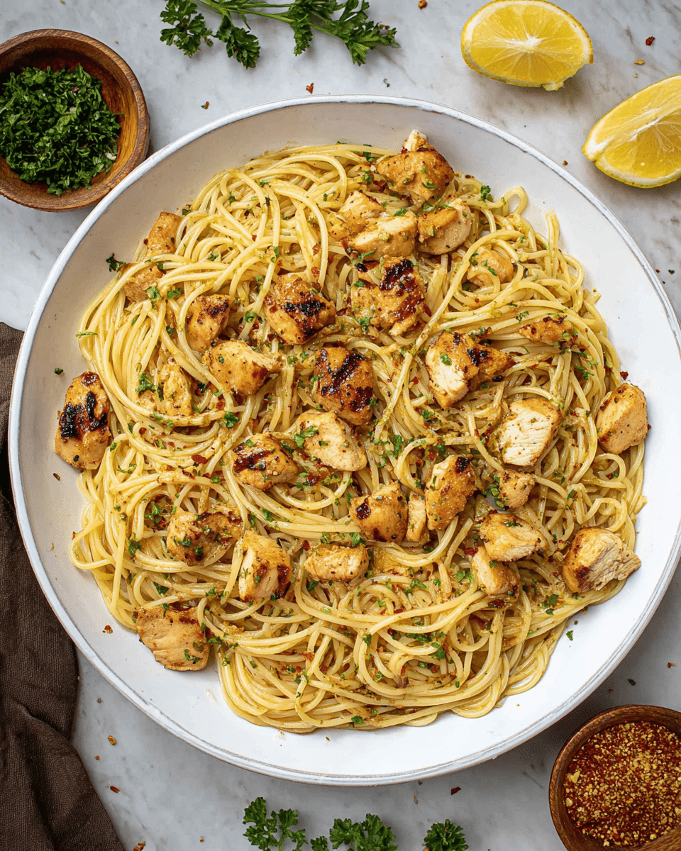 A large white plate filled with spaghetti pasta mixed with golden-brown grilled chicken pieces scattered evenly on top and throughout the pasta, sprinkled with small bits of green herbs and red pepper flakes. Surrounding the plate on a white marbled surface are lemon wedges, fresh green parsley sprigs, and small wooden bowls holding finely chopped greens and a coarse reddish seasoning. The dish looks warm and inviting with a lightly glossy texture from the sauce coating the noodles. photo taken with an iphone --ar 4:5 --v 7