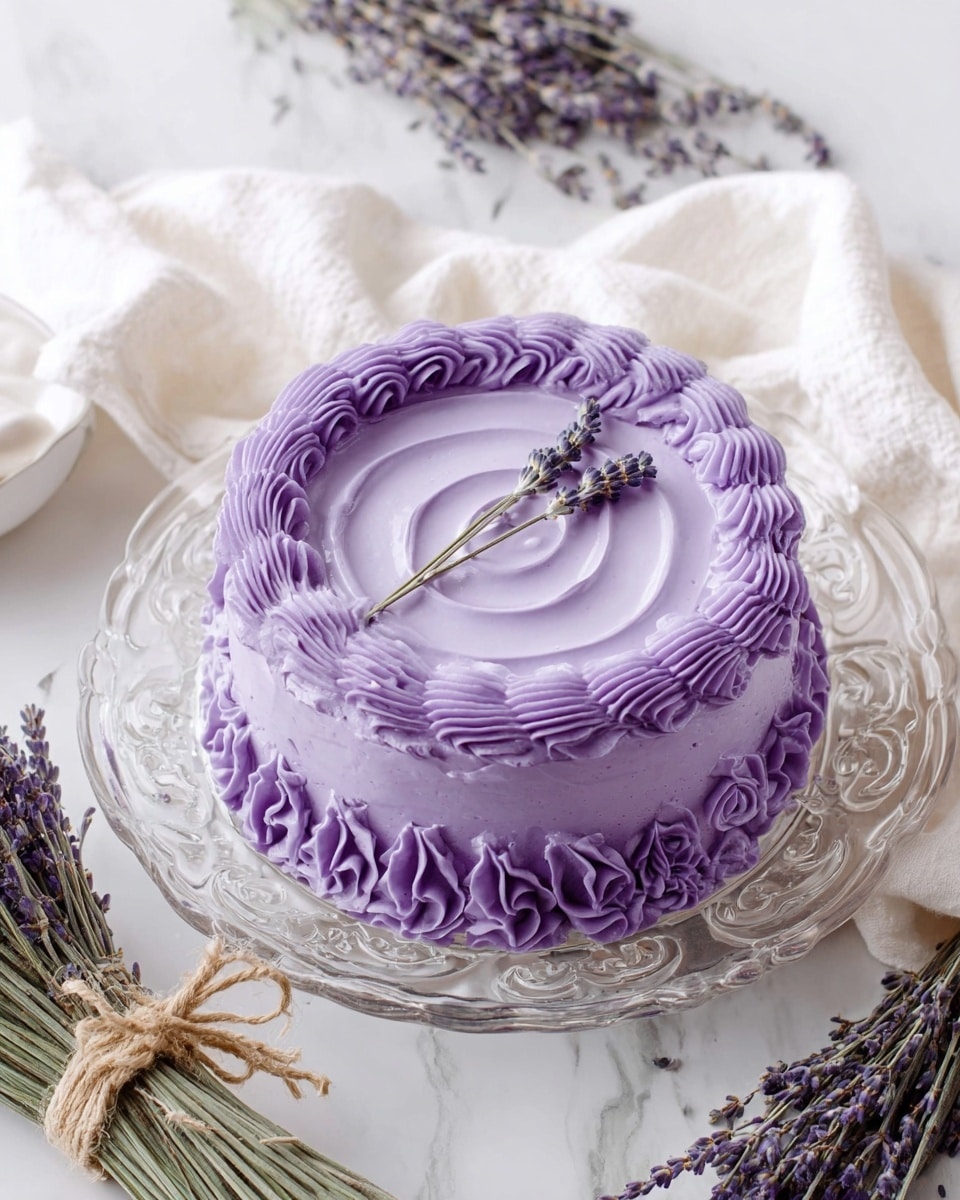 A small round cake sits on a clear, ornate glass plate with intricate swirls. The cake is covered with smooth lavender purple frosting. It has two layers of thick piped ruffled frosting in the same lavender shade, one around the top edge and one at the bottom edge. The center of the top surface has a gentle swirl of frosting with two small lavender flower sprigs placed as decoration. The scene is set on a white marbled surface with a white cloth nearby and a bundle of dried lavender tied with twine placed next to the cake. Photo taken with an iphone --ar 4:5 --v 7