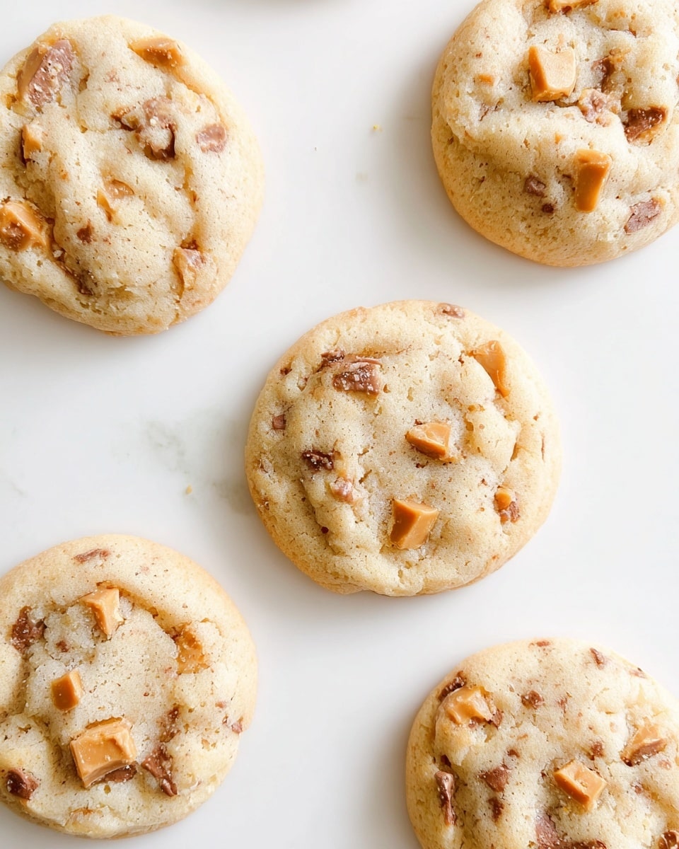 Five round cookies with a soft, slightly cracked texture and light beige color are spaced out on a white marbled surface. Each cookie has small chunks of caramel and chocolate chips scattered unevenly within, giving spots of darker brown and golden amber contrasting with the pale dough. The cookies appear thick and soft, with a gently uneven top layer showing the mix of melted caramel and chocolate embedded inside. photo taken with an iphone --ar 4:5 --v 7