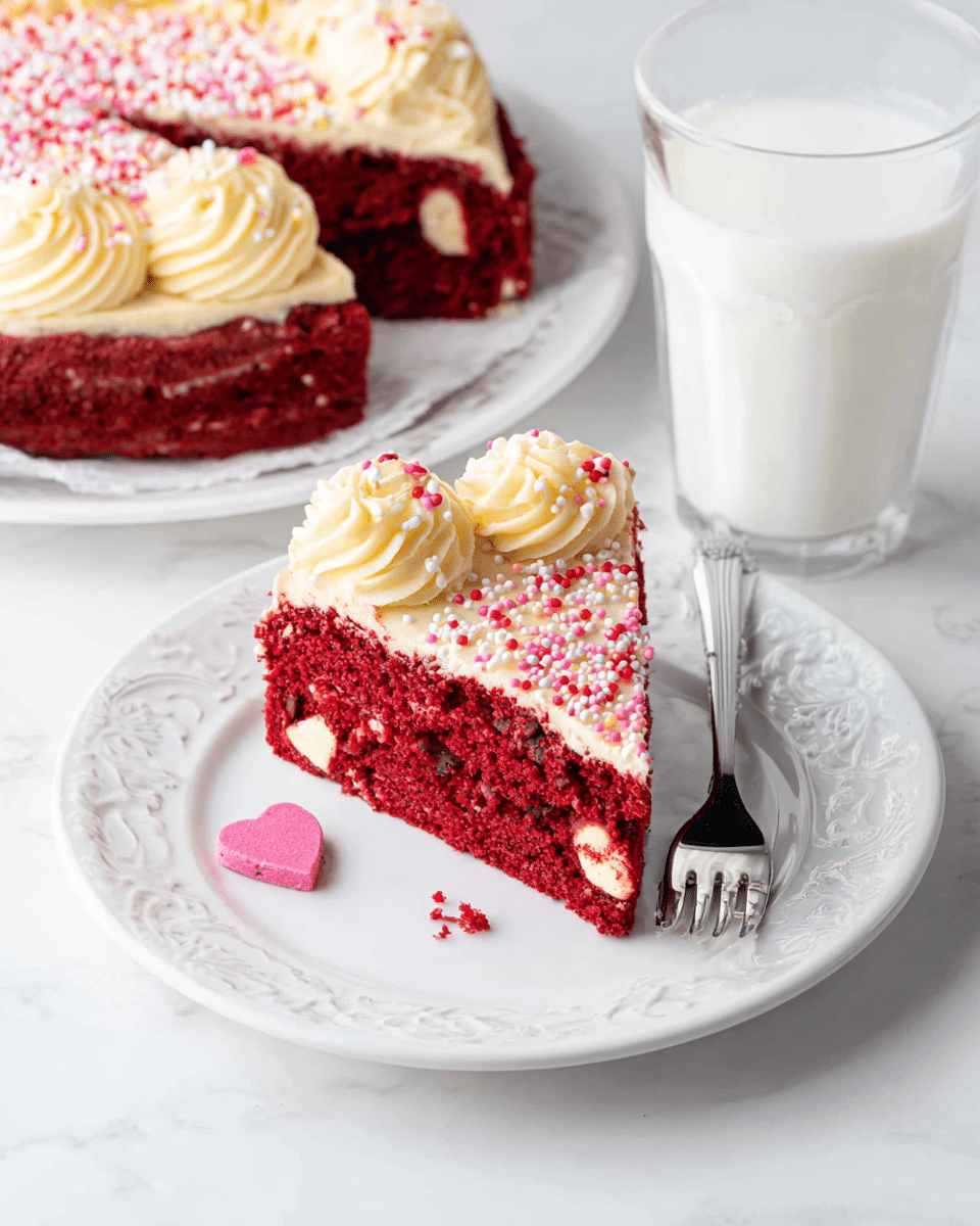 A slice of red velvet cake rests on a white plate with embossed patterns, showing a dense and moist red layer baked with white chocolate chips embedded inside. On top of the slice, there are two thick swirls of creamy pale yellow frosting sprinkled with small pink, white, and red round sprinkles. The plate also features a small pink heart-shaped sprinkle near the cake. In the background, part of the whole cake with a ring of similar frosting swirls and sprinkles is visible on a white plate. To the right, a clear glass filled with milk sits on a white marbled surface next to the plate with the cake slice and a fork placed beside it. photo taken with an iphone --ar 4:5 --v 7