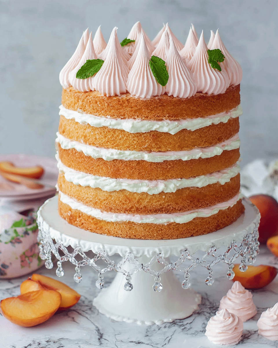 A tall four-layer cake with light brown sponge layers separated by two types of cream fillings; the first and third layers have a thick pale pink cream with smooth ridged texture, while the second and fourth layers have white cream with a slightly fluffy texture. The top of the cake is decorated with evenly spaced soft pink dollops of cream, forming a pointed peak pattern, and three small fresh green mint leaves are placed among them. The cake sits on an ornate white cake stand with hanging clear crystal-like beads. Surrounding the cake are some peach slices and a few pale pink cream dollops on the white marbled surface. Photo taken with an iphone --ar 4:5 --v 7