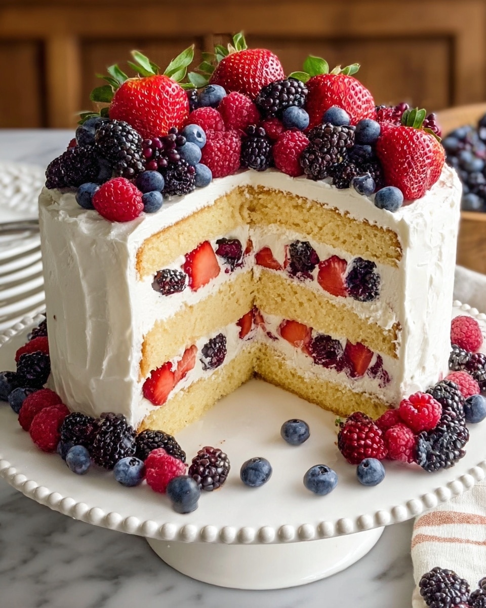 A three-layer round cake is shown with white frosting covering the outside smoothly. Each layer inside is light yellow with a thick filling of white cream mixed with red strawberries and a few blueberries. The top of the cake is fully covered with a mix of fresh strawberries, blueberries, blackberries, and raspberries, creating a colorful, fresh look. More blackberries, blueberries, and raspberries are scattered around the base on a white plate with a raised, beaded edge. The setting features a white marbled surface and a hint of a brown wooden background. Photo taken with an iphone --ar 4:5 --v 7
