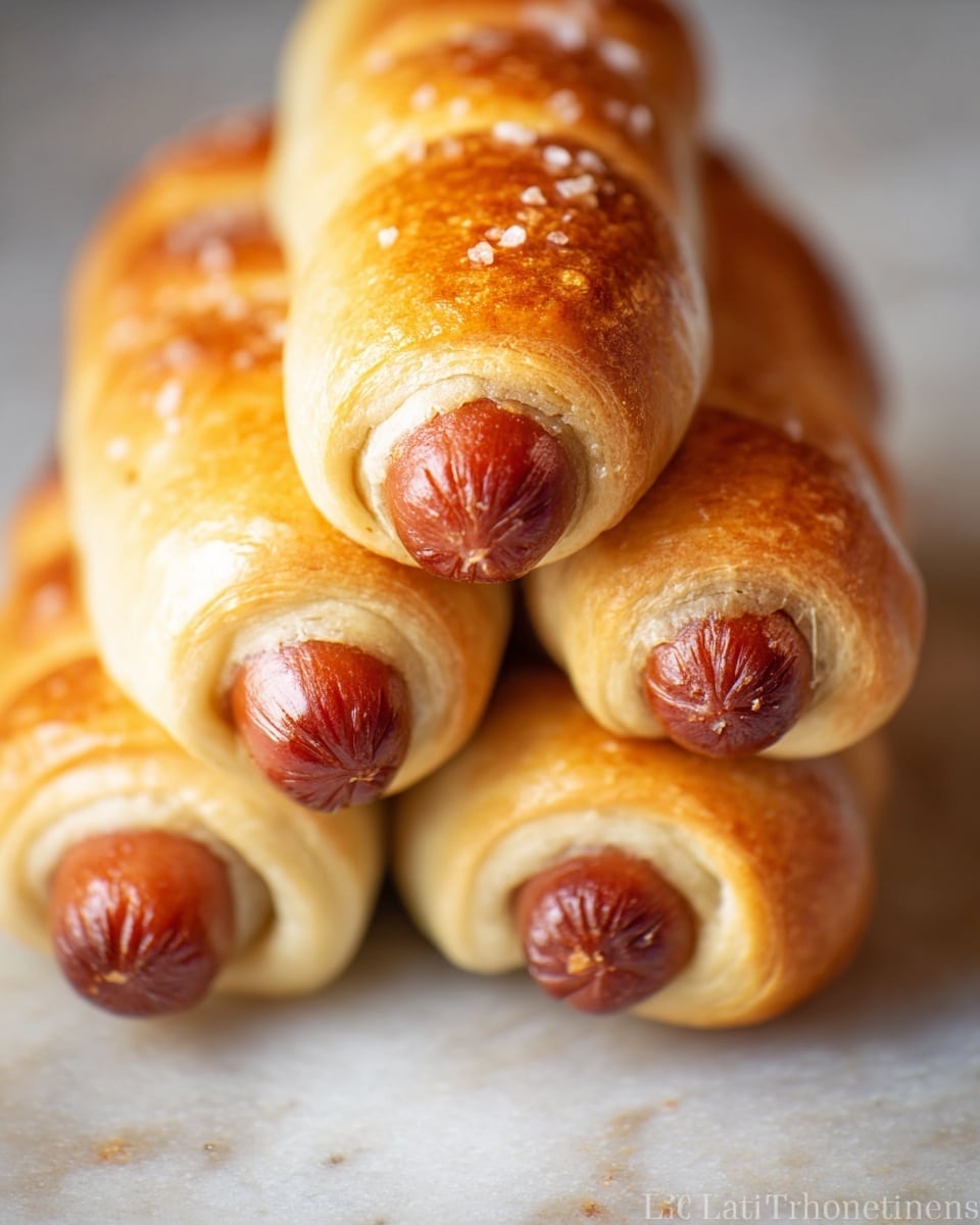 A close-up image of four golden brown pigs in a blanket, arranged in a neat stack on a textured white marbled surface. Each pig in a blanket has a shiny, browned sausage wrapped tightly in a soft, smooth dough that is golden with slight brush strokes of egg wash, sprinkled with coarse salt on top. The sausages peek out from one end of the dough, showing a glossy, reddish-brown texture, while the dough spirals around each sausage in even layers. The focus is on the top pig in a blanket with the others softly blurred in the background. photo taken with an iphone --ar 4:5 --v 7