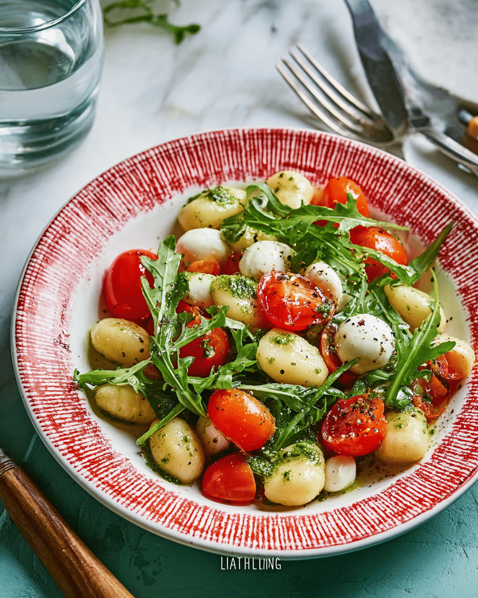 The dish shows one white plate with a red patterned rim filled with three main layers; the first layer is light beige gnocchi with a slightly firm texture, the second layer includes bright red cherry tomatoes that are shiny and smooth, some cut open to reveal their juicy inside, and the third layer is scattered fresh dark green arugula leaves. There are small white round pieces of fresh mozzarella cheese mixed in, and the entire dish is lightly drizzled with green pesto sauce and sprinkled with black pepper. The background is a white marbled texture, and a clear glass of water, a wooden knife, and a metal fork rest behind the plate on the left and right side photo taken with an iphone --ar 4:5 --v 7