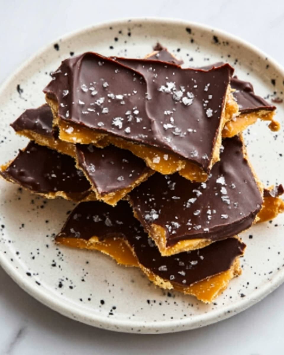 The dish shows several irregular pieces of chocolate toffee stacked on a round white plate with black speckles. Each piece has a bottom layer of golden, crunchy toffee that looks slightly rough and textured. On top of the toffee is a smooth, glossy dark chocolate layer that covers the whole surface evenly. Small bits of salt or sugar crystals are sprinkled across the chocolate, adding a bit of texture. The plate is placed on a white marbled surface, giving a clean and bright background. photo taken with an iphone --ar 4:5 --v 7