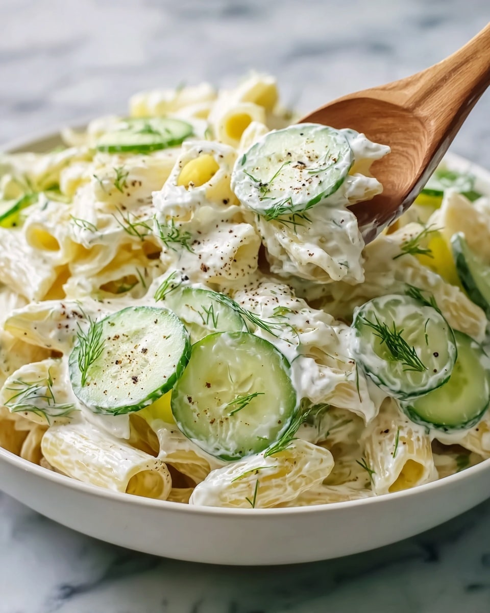 A white bowl filled with creamy pasta salad showing three main layers: the bottom layer has pale yellow pasta tubes with a smooth, slightly shiny texture; the middle layer contains thin, round slices of green cucumber with a fresh, moist look; the top layer is thick white creamy dressing coating the pasta and cucumbers, sprinkled with small green dill sprigs and black pepper flakes. A wooden spoon lifts a portion of the salad, showcasing all layers together. The bowl sits on a white marbled surface. photo taken with an iphone --ar 4:5 --v 7