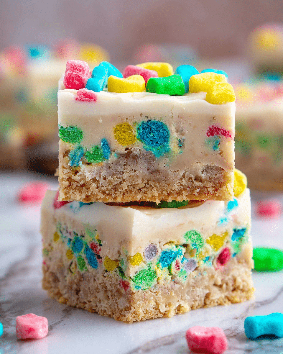 Two stacked dessert bars are shown with three visible layers. The bottom layer is crumbly and beige, looking like a graham cracker crust. The thick middle layer is creamy beige with colorful bits of candy mixed in, showing bright blue, green, yellow, pink, and red pieces throughout. The top layer is a smooth white frosting with more colorful candy pieces placed on top, matching the candies inside. The bars sit on a white marbled texture with blurred pieces in the background. photo taken with an iphone --ar 4:5 --v 7