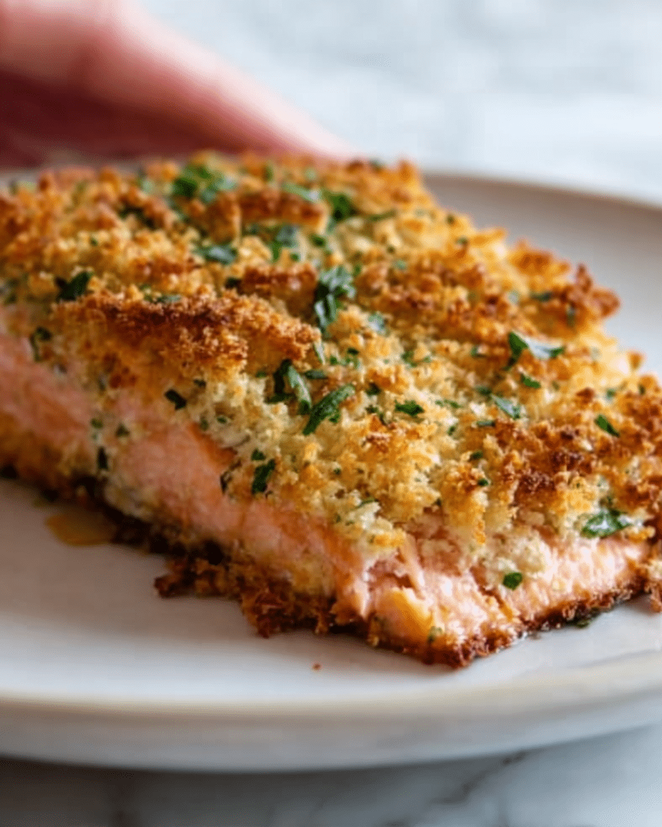 The image shows a close-up of a thick slice of salmon topped with a crispy golden-brown crust made from breadcrumbs and herbs. The salmon beneath is a soft pink color with a tender texture, slightly visible under the crunchy topping. The crust looks uneven and crunchy with bits of green herbs sprinkled on top, adding a fresh color contrast. The slice sits on a smooth white plate, set against a white marbled surface, giving a clean and bright look. A woman's hand is holding the plate gently from the side. Photo taken with an iphone --ar 4:5 --v 7