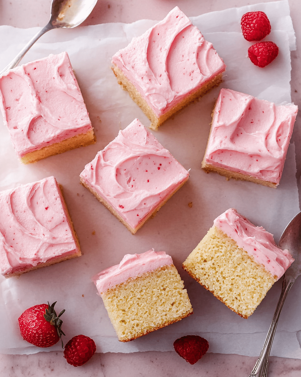 The image shows nine square pieces of yellow cake with a thick layer of light pink frosting on top, arranged on a sheet of white parchment paper over a white marbled surface. Each cake square has one flat, smooth frosting layer with soft swirled textures and tiny red specks, indicating strawberry flavor. Two pieces are turned on their sides, revealing the dense, moist yellow cake inside with a thin layer of pink frosting on top. Two fresh raspberries and a silver spoon with pink frosting rest near the cake squares. Photo taken with an iphone --ar 4:5 --v 7