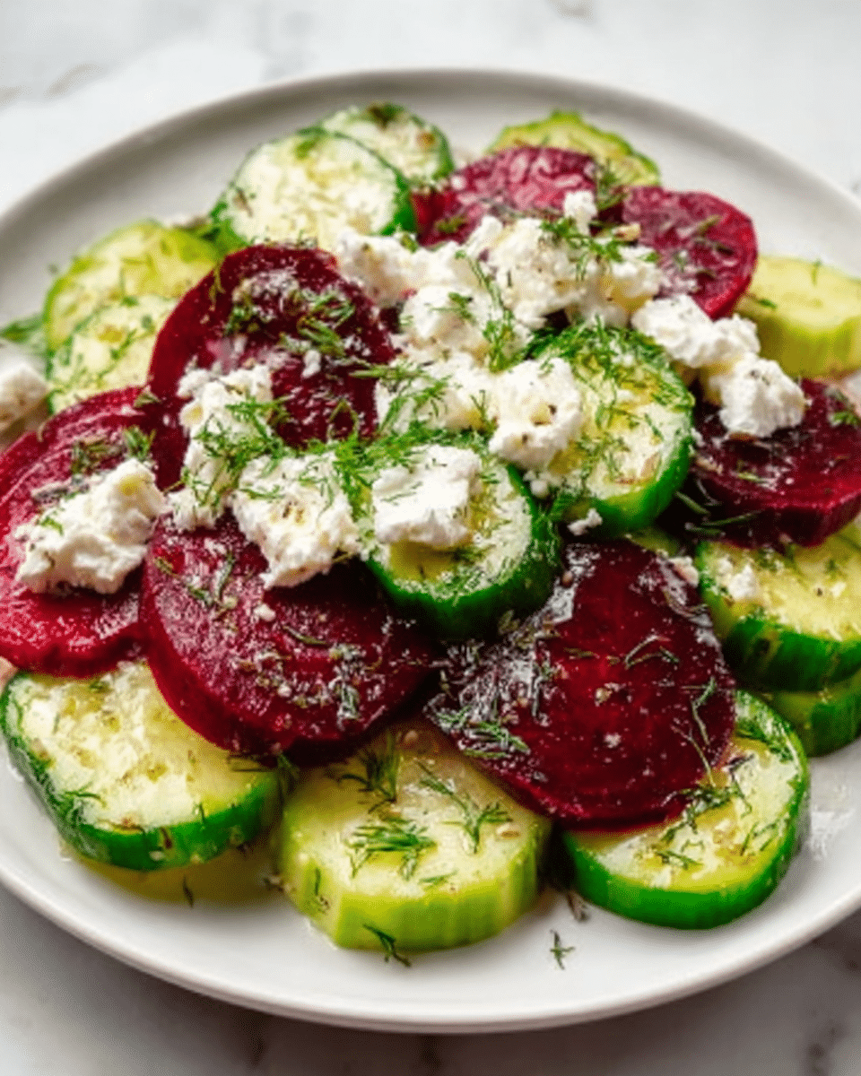 A white plate filled with a colorful salad showing three main layers: the bottom layer is fresh cucumber slices, light green with a smooth texture; the middle layer consists of thick, round beetroot slices in a deep red color; the top layer is scattered with uneven white chunks of cheese and small herb pieces sprinkled all over, adding a touch of green. The plate is placed on a white marbled surface. Photo taken with an iphone --ar 4:5 --v 7
