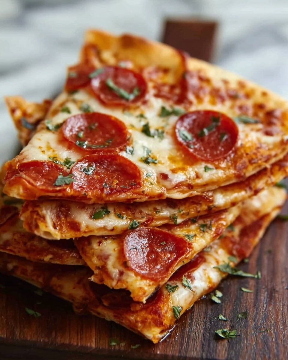 The image shows a stack of four folded pepperoni pizzas on a wooden board, each layer clearly visible. The crust is thin and golden brown, with melted cheese spread evenly on top, slightly gooey and shiny. The pepperoni slices are deep red, scattered on each pizza layer, glistening with a bit of oil. A sprinkle of dried green herbs is spread across the top, adding texture and color contrast. The background surface is a white marbled texture. A woman's hand is not visible in the image. Photo taken with an iphone --ar 4:5 --v 7