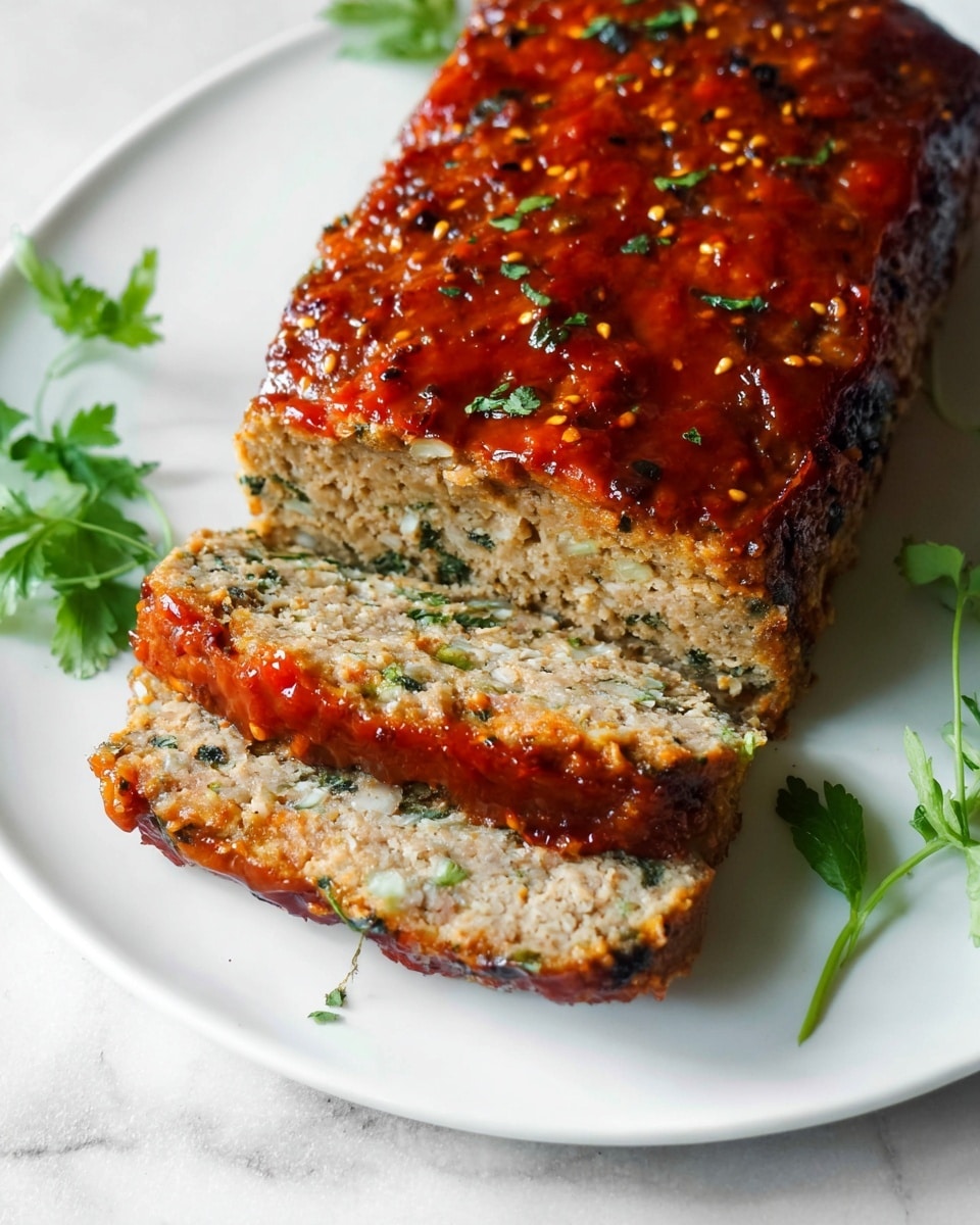 A sliced meatloaf sits on a white plate with a rich, reddish-brown glaze covering the top layer, which is textured with small bits and glistens under the light. The inside of the meatloaf reveals a moist, light brown filling that contains finely chopped green herbs and small white onion pieces, creating a speckled pattern. A few fresh green cilantro leaves are placed around the meatloaf on the plate, adding a pop of color. The plate rests on a white marbled surface, enhancing the colors of the food. Photo taken with an iphone --ar 4:5 --v 7