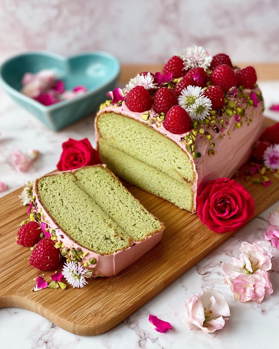 A two-layer sliced cake with a soft, light green texture and pink frosting on the top and edges sits on a wooden board. The top of the cake is decorated with bright red raspberries, small red rosebuds, pink and white small flowers, and sprinkled with crushed pistachios. Around the base of the cake, there are more red roses, and the scene includes scattered small pink and white flowers. The background features a white marbled surface and a blue heart-shaped dish with a few small pink and white flowers. Photo taken with an iphone --ar 4:5 --v 7
