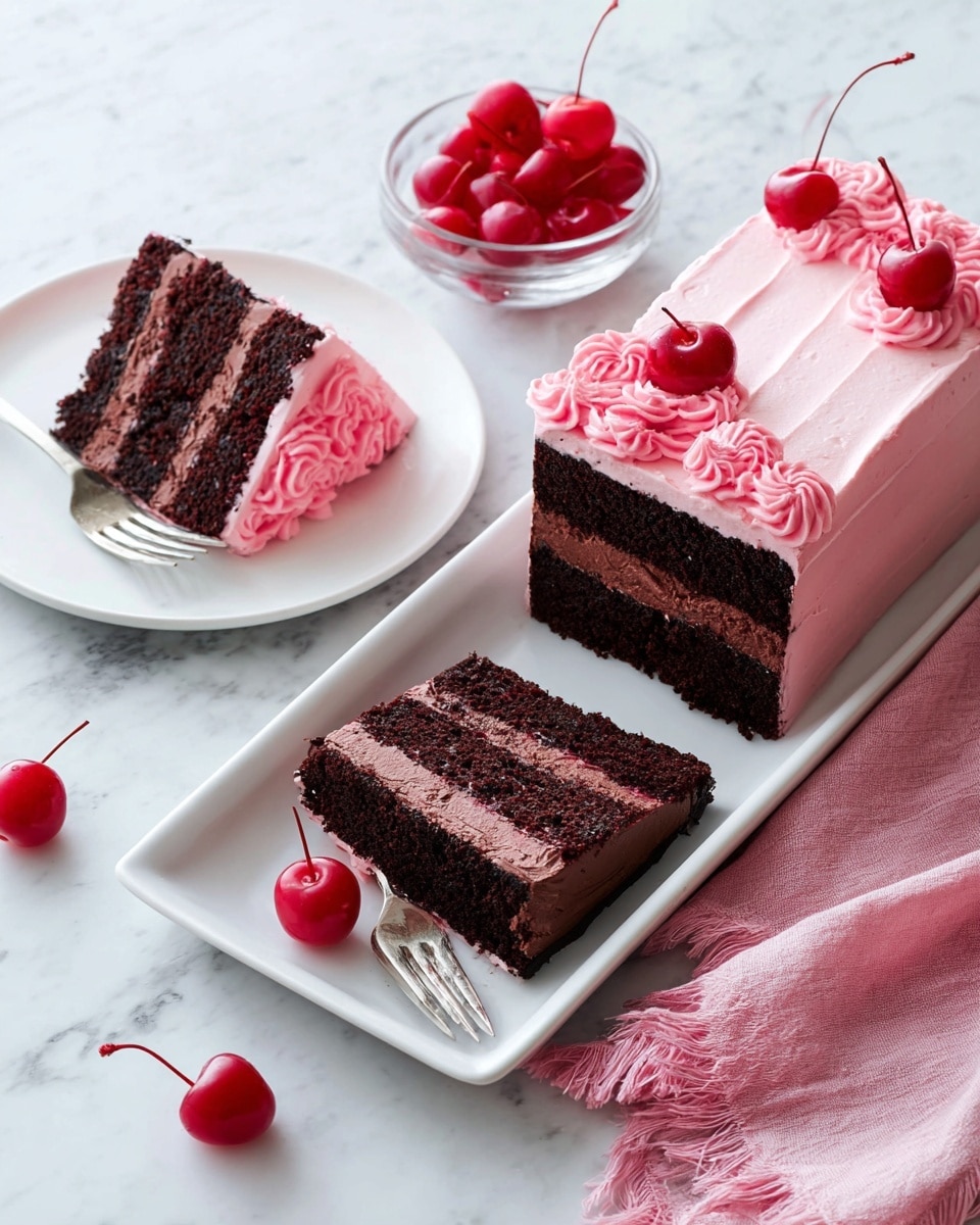 A rectangular chocolate cake is covered with smooth, light pink frosting textured with soft swirls, featuring three visible layers: two dark chocolate sponge cake layers on the top and bottom, and a medium brown chocolate cream layer in the middle. Two cake slices are partially cut and lie flat, showing the layers clearly, with one piece placed on a white plate in the foreground next to a silver fork. The top of the cake has piped flower-like pink frosting decorations, each topped with bright red cherries with stems. In the background, there is a small clear bowl filled with shiny red cherries, all set on a white marbled surface. photo taken with an iphone --ar 4:5 --v 7