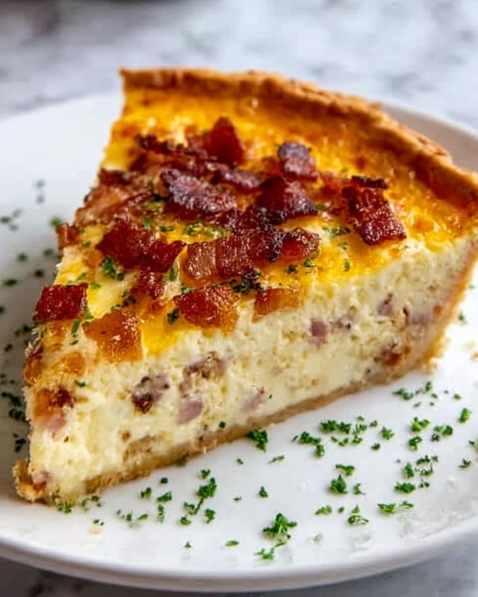 A close-up of a thick slice of quiche on a white plate, showing three main layers: a thin crust at the bottom with a golden brown edge, a creamy, light yellow egg mixture with small chunks of ham and bits of cheese in the middle, and a top layer covered with crispy browned bacon pieces. The quiche is sprinkled lightly with green herbs, and the white marbled surface beneath adds a clean look to the scene. Photo taken with an iphone --ar 4:5 --v 7