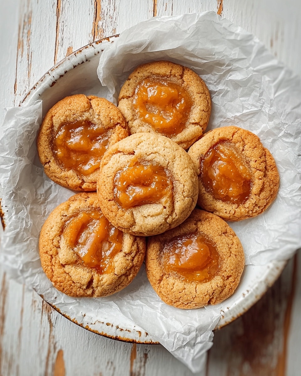 The image shows six round cookies arranged in a slightly overlapping circular pattern on white crinkled parchment paper inside a white plate. Each cookie has a golden-brown color with a glossy caramel-like center and a light dusting of powdered sugar, creating a soft contrast in texture. The cookies have slightly cracked surfaces around the edges which show a chewy texture, while their centers appear gooey and sticky. The scene is set on a white marbled textured surface visible around the plate edges. photo taken with an iphone --ar 4:5 --v 7