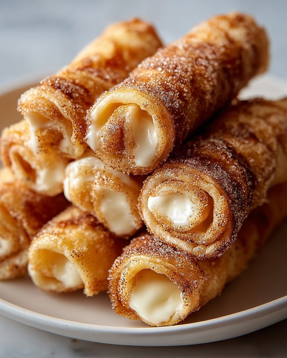 A close-up of a stack of five rolled cinnamon cream-filled pastries arranged on a white plate, each pastry having a golden brown outer layer dusted with fine cinnamon sugar, the outer texture crisp and swirled tightly around smooth, creamy white filling which is visible at both ends of each roll, with soft light creating slight highlights on the sugary coating and creamy centers, all set on a white marbled textured surface. photo taken with an iphone --ar 4:5 --v 7