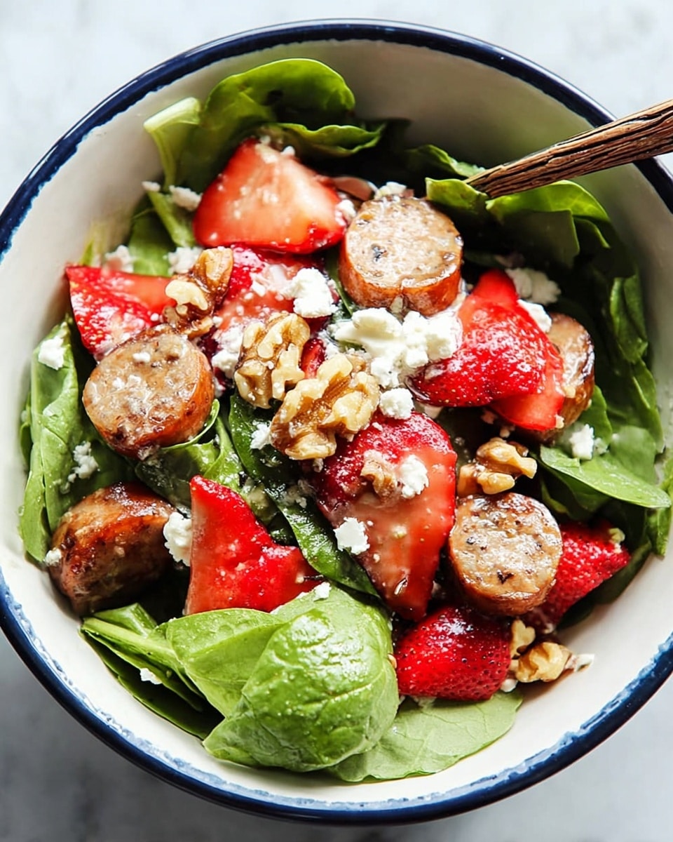 The image shows a white bowl with a blue rim filled with a fresh salad. The bottom layer consists of mixed green leaves that look crisp and fresh. On top of the greens, there are slices of reddish-brown sausage scattered throughout. Bright red strawberry halves are placed on the salad, contrasting with the green leaves. Small, crumbly white pieces of cheese are sprinkled evenly across the dish. There are also light brown walnut pieces spread across the salad, adding texture. The bowl sits on a white marbled surface, and a metal spoon is partially visible sticking out from the side. photo taken with an iphone --ar 4:5 --v 7