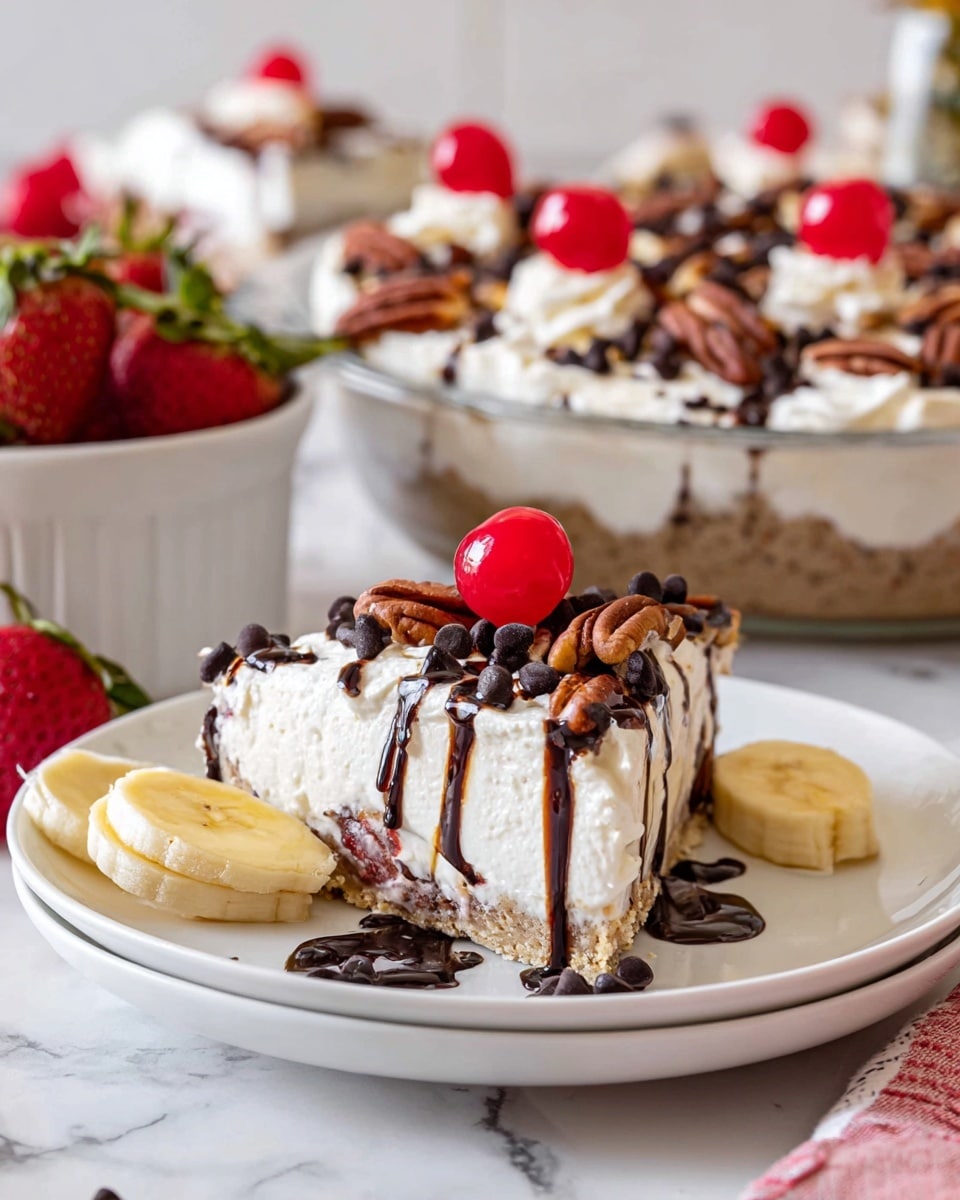 A slice of cream pie on a white plate, showing a thick bottom crust that is light brown and crumbly, topped with a large layer of fluffy, white whipped cream mixed with chunks of banana. The pie slice is drizzled heavily with dark chocolate syrup, with three whole pecans, several dark chocolate chips, and a bright red cherry with its stem on top. Next to the pie slice, two round banana slices lay on the plate. Behind the slice, you can see the larger pie in a clear glass pie dish with the same toppings of whipped cream, pecans, chocolate chips, cherries, and chocolate drizzle on top. The scene is set on a white marbled surface with a bowl of fresh strawberries and bananas nearby. photo taken with an iphone --ar 4:5 --v 7