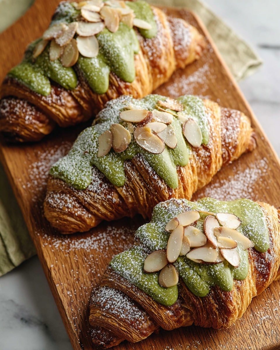 Three croissants are placed closely on a wooden board. Each croissant is golden brown with a crispy texture visible in the flaky layers. They each have a green topping spread from one tip to almost the other end, resembling a thick, slightly chunky cream or paste. On top of this green layer, there are thinly sliced almonds scattered unevenly. A light dusting of powdered sugar covers the entire surface of the croissants, creating a delicate, white contrast against the green and brown. The board sits on a white marbled surface. photo taken with an iphone --ar 4:5 --v 7