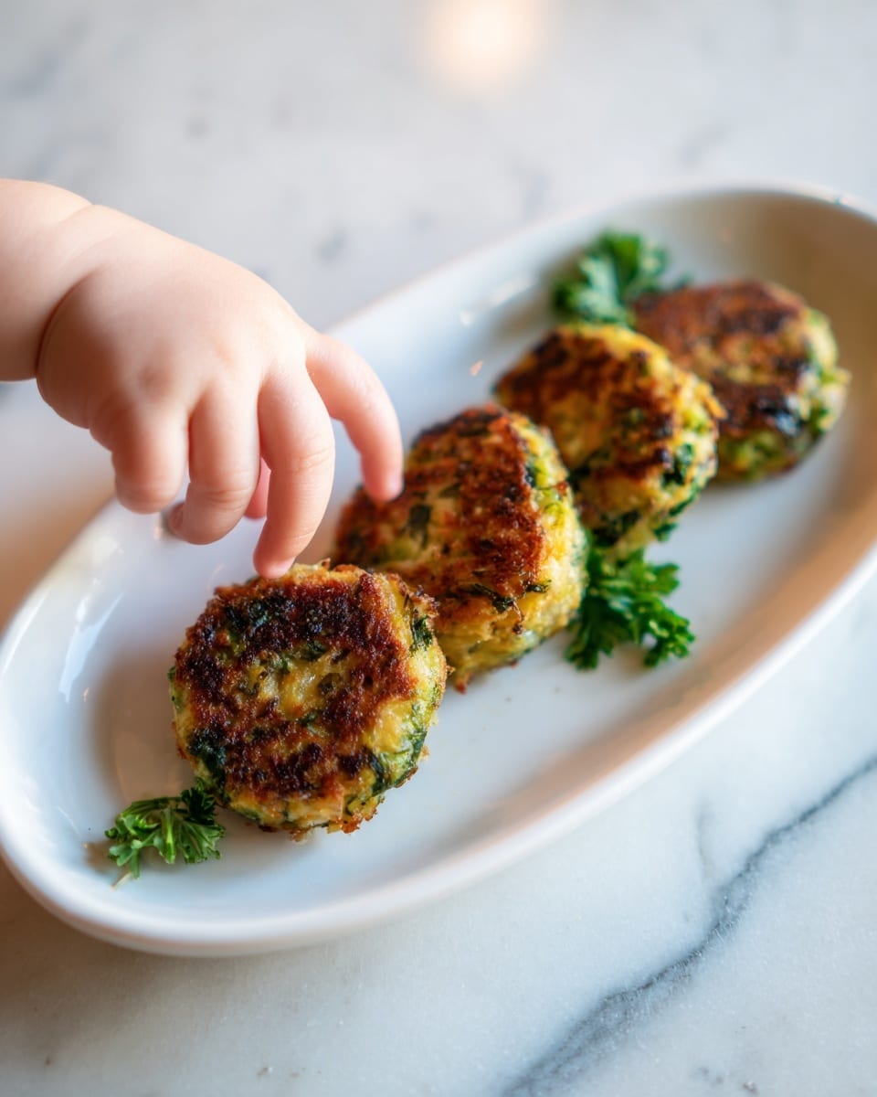 A white oval plate holds four round green fritters, each with a golden brown crispy top showing a textured surface of cooked bits. The fritters are arranged in a line, slightly overlapping each other, with the front one being touched gently by a chubby baby's fingers. Small green parsley leaves lay near the top end of the plate, and the plate sits on a white marbled surface with soft natural lighting. Photo taken with an iphone --ar 4:5 --v 7