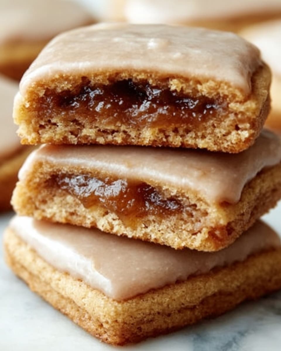 The image shows a close-up of a stack of three soft, light brown cookies. The top cookie is broken in half, revealing a dark, shiny filling inside with a sticky texture. Each cookie is thick and slightly uneven, with a smooth, light beige icing spread evenly over the top. The cookies are stacked on a white surface with a white marbled texture in the background. The photo taken with an iphone --ar 4:5 --v 7