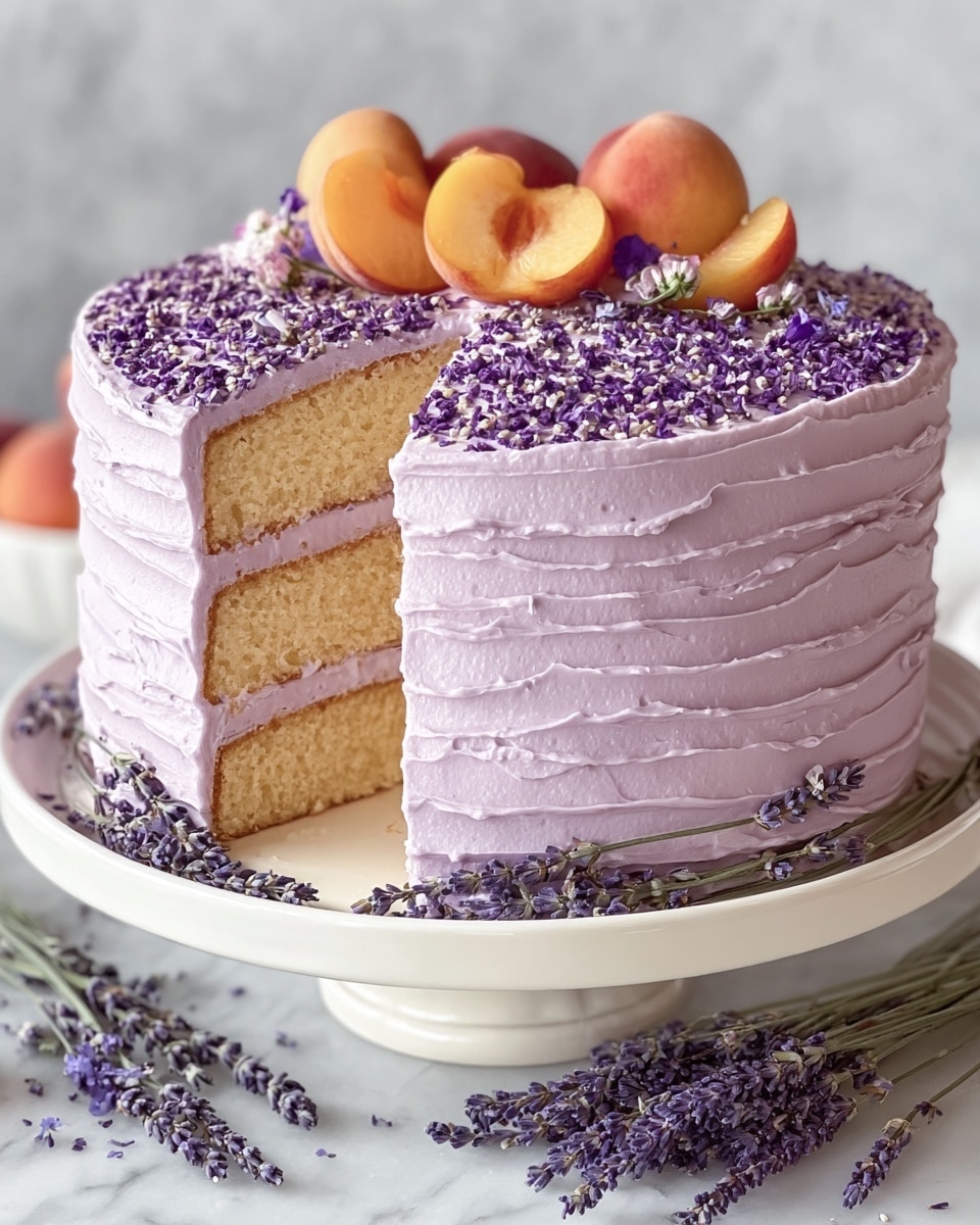 A three-layer cake with light purple frosting covers the outside and between the layers, which are a soft yellow color. The top is decorated with small purple sprinkles and fresh apricot halves in the center, along with sprigs of lavender and a purple flower. The cake sits on a white cake stand, with a white marbled surface underneath, and a slice is cut showing the fluffy texture of the cake inside. Photo taken with an iphone --ar 4:5 --v 7