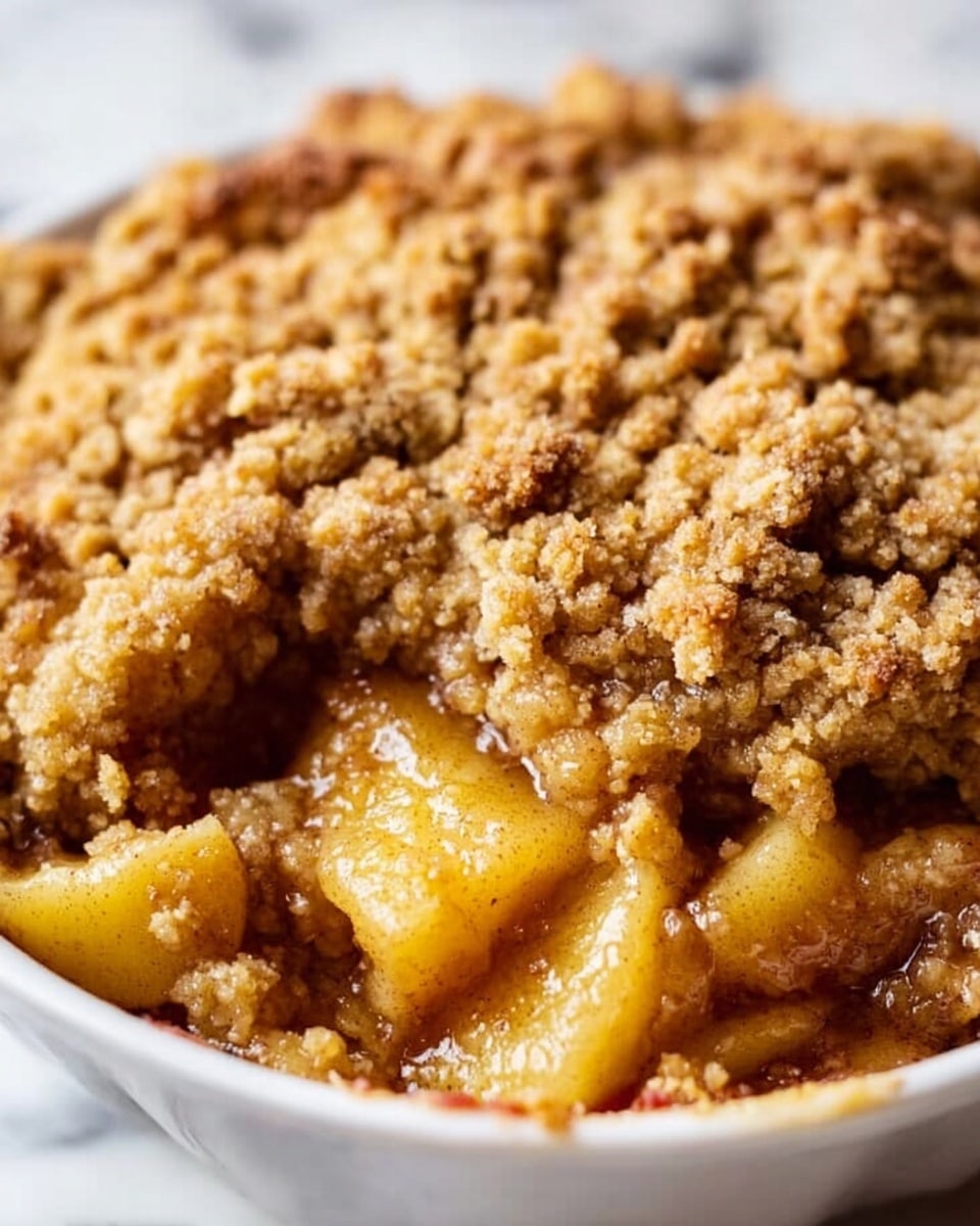 A close-up image of a dessert with two visible layers on a white marbled surface. The bottom layer consists of soft, golden-brown cooked apple slices covered in a glossy syrup, while the top layer is a thick, crumbly, and rough-textured topping in various shades of tan and light brown. The crumbly topping appears uneven and chunky, covering the apple filling completely except for one small exposed section that reveals the juicy apples underneath. Photo taken with an iphone --ar 4:5 --v 7