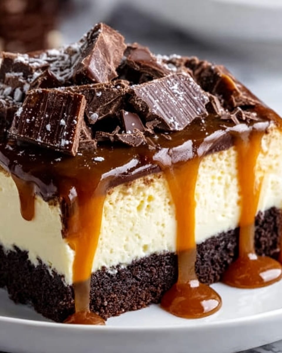 The image shows a slice of cheesecake with three layers. The bottom layer is dark and crumbly like chocolate crust. The middle layer is thick, smooth, and creamy in pale yellow. The top layer has shiny caramel sauce slowly dripping down the sides. On top of the caramel, there are many broken pieces of dark chocolate stacked unevenly. The whole dessert is on a white plate placed on a white marbled surface. photo taken with an iphone --ar 4:5 --v 7