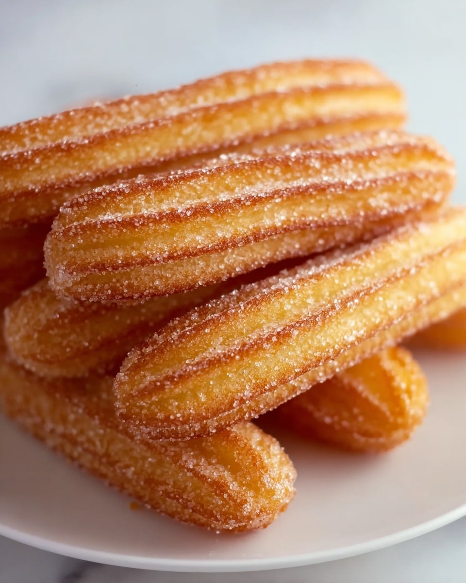 A close-up image shows four churros stacked unevenly on top of each other on a white plate set on a white marbled surface. Each churro is a warm golden-brown color with a ridged texture running along its length. They are coated in a layer of coarse granulated sugar mixed with cinnamon, giving them a slightly glittery appearance. The churros are thick and have a crisp-looking outer layer with visible sugar crystals, giving them a crunchy texture. Photo taken with an iphone --ar 4:5 --v 7