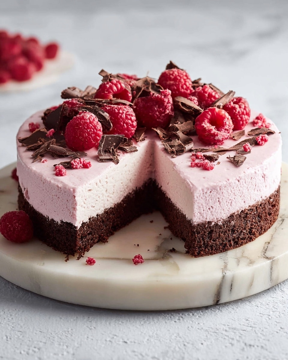 The image shows a two-layer cake on a white round plate. The bottom layer is a thick, dark brown chocolate cake with a slightly rough texture. The top layer is a thick, smooth pink cream, about the same height as the bottom layer. The cake is cut into slices, with one slice pulled out slightly, showing the clean cut between the layers. On top of the pink cream layer, there are fresh whole red raspberries and small pieces of crushed raspberries scattered around. There are also thin dark chocolate shavings sprinkled on the pink cream and around the raspberries. The cake is placed on a white marbled surface with a soft white cloth nearby, along with a small white bowl filled with raspberries in the back. Photo taken with an iphone --ar 4:5 --v 7