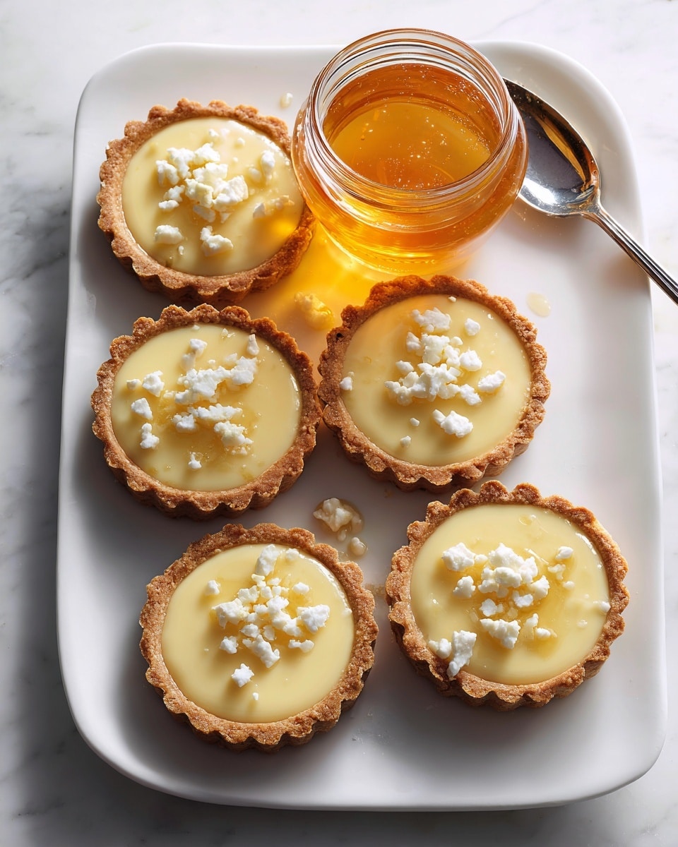 There are five small tarts on a white long plate sitting on a white marbled surface. Each tart has a light brown crust with a smooth, pale yellow filling that looks creamy. On top of each tart, there are small white crumbs arranged loosely. At the top of the plate, there is a small glass jar filled with golden honey and a silver spoon beside it. The overall look is clean and simple with soft lighting highlighting the textures. photo taken with an iphone --ar 4:5 --v 7