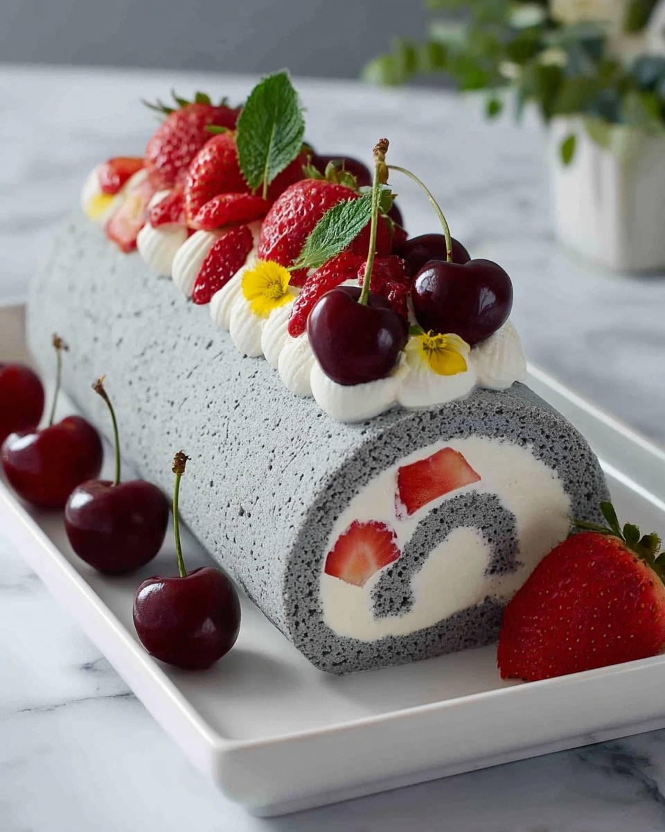 A rolled cake with a gray sponge outer layer and a thick, smooth white cream swirl inside, placed on a white rectangular plate on a white marbled surface. The top of the cake has a layer of white whipped cream decorated with several halved bright red strawberries, whole dark red cherries, small yellow flower buds, purple flower accents, and green leaves, adding vibrant colors and textures. A few halved strawberries and cherries are placed on the plate next to the cake. Photo taken with an iphone --ar 4:5 --v 7