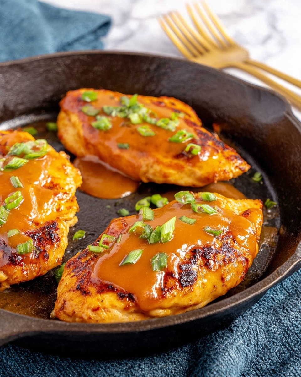The image shows three cooked chicken breasts in a black cast iron pan. Each chicken breast is covered with a smooth, orange creamy sauce that has a glossy texture. Small, chopped green onion pieces are sprinkled on top of the sauce on each piece of chicken. The chicken breasts have a golden-brown, slightly crispy edge visible under the sauce. The pan sits on a dark blue cloth with a slight texture, next to a gold fork. The photo is taken from a close angle, focusing on the top and side view of the chicken. photo taken with an iphone --ar 4:5 --v 7