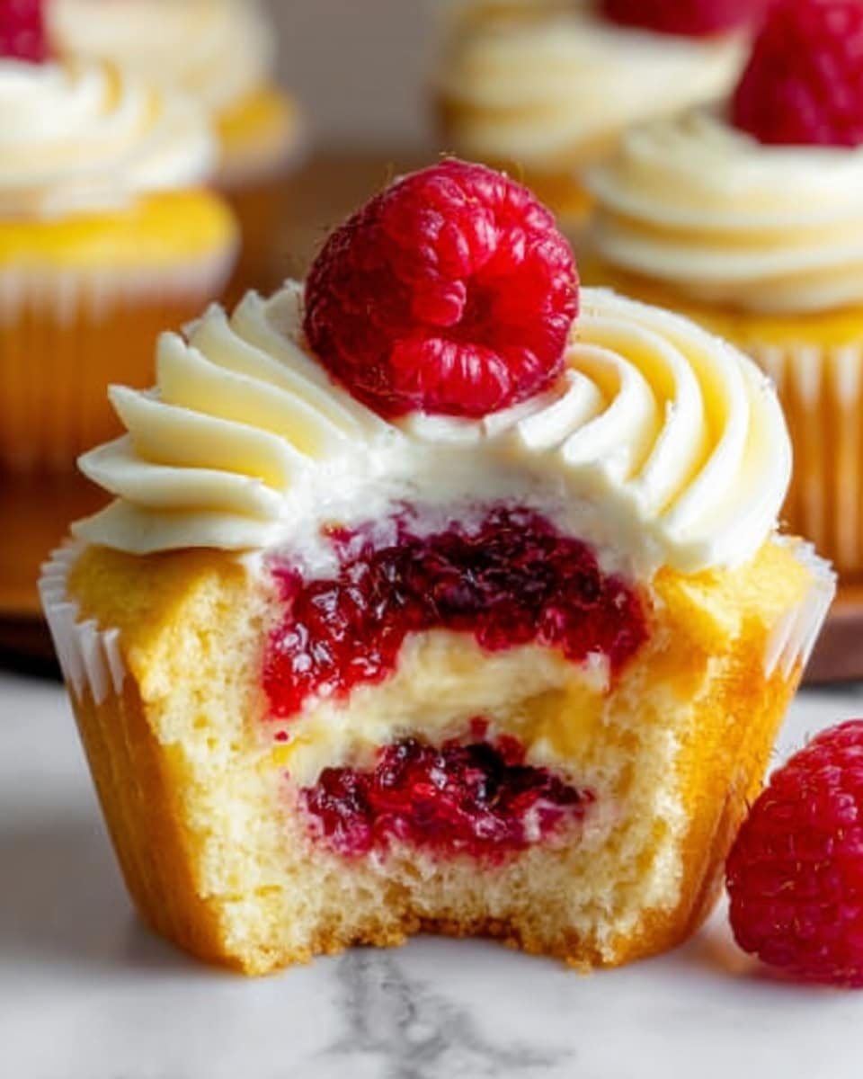 A close-up of a yellow cupcake with a bite taken out, showing three layers inside: a bottom layer of soft yellow cake, a middle layer of smooth creamy filling, and a top layer of red raspberry jam with whole raspberries. On top of the cupcake is a swirl of white creamy frosting crowned with a fresh raspberry. The cupcake is on a white marbled surface, and a woman's hand is gently holding it from one side. In the background, more cupcakes with the same frosting and raspberries are softly blurred. photo taken with an iphone --ar 4:5 --v 7