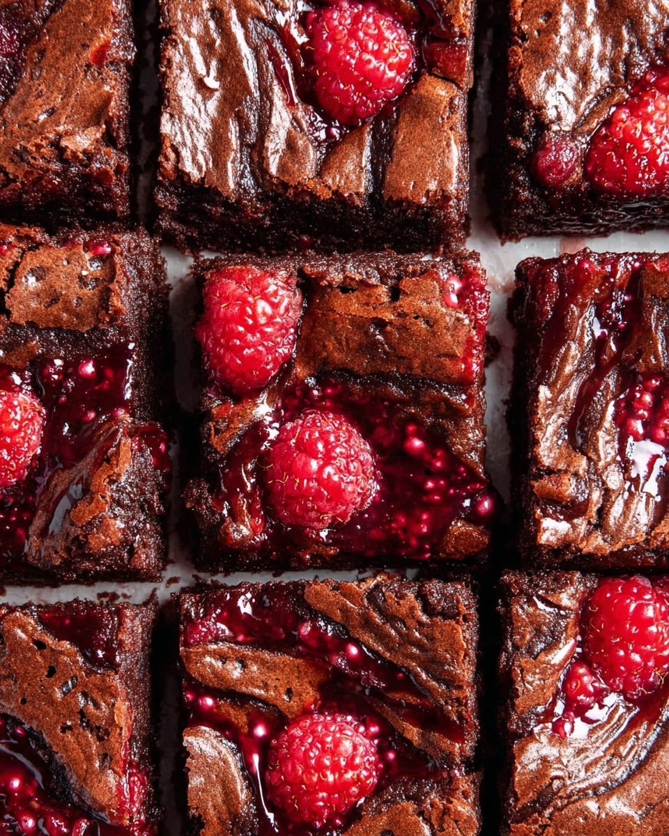 The image shows nine square pieces of raspberry chocolate brownies closely arranged in a single layer. Each piece has a rich brown top layer with a slightly cracked, soft texture. Inside the cracks, there are glossy swirls of deep red raspberry sauce with visible raspberry seeds and whole raspberry pieces, adding bursts of bright red color. The raspberry jam appears shiny and slightly sticky, blending with the darker chocolate surface. The brownies are placed on a white marbled texture background. photo taken with an iphone --ar 4:5 --v 7