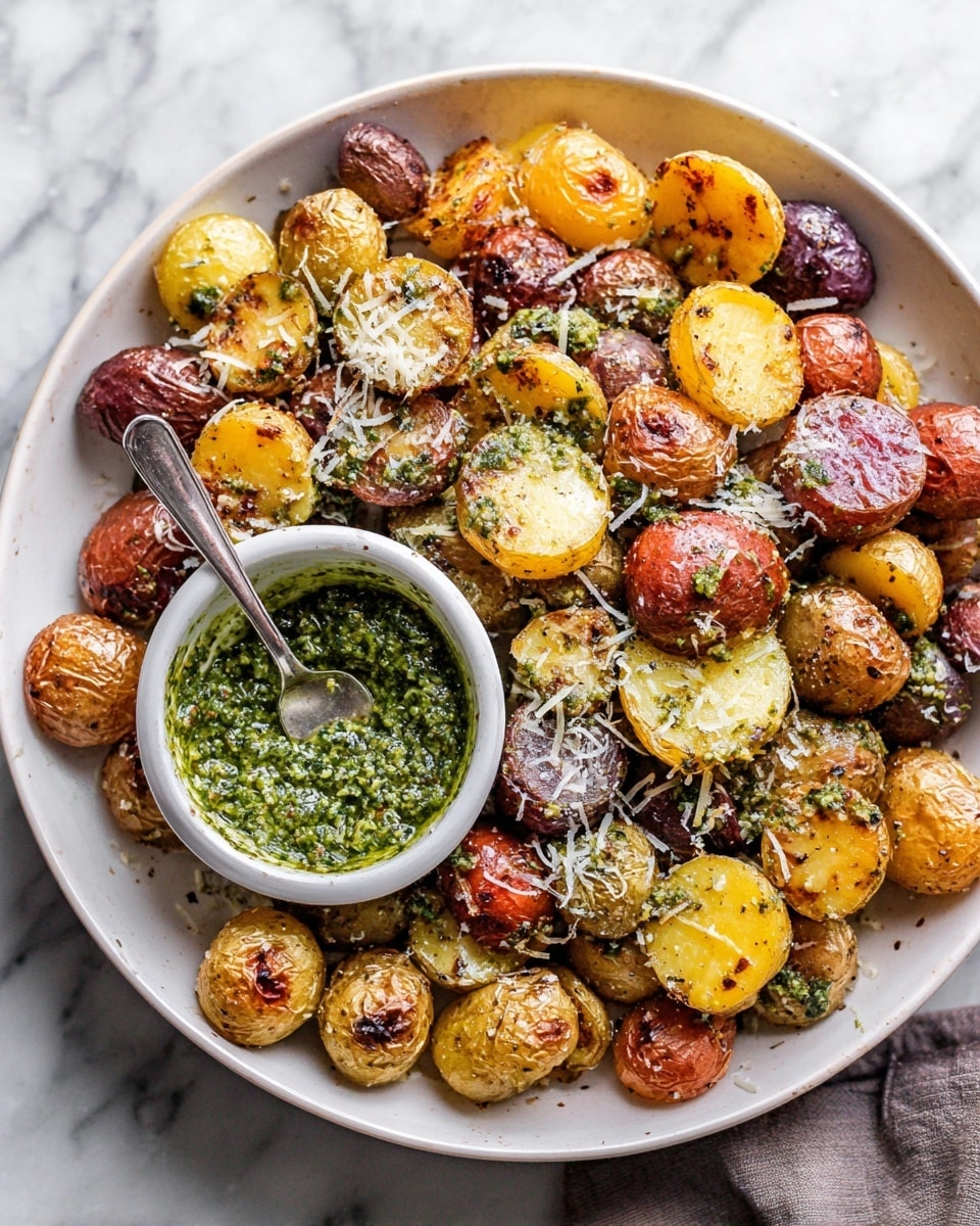 A large white plate holds a colorful mix of browned baby potatoes with skins in yellow, purple, and red shades, some cut in half showing soft yellow inside. The potatoes have a crispy, charred texture with scattered green pesto dollops and white grated cheese sprinkled all over. A small white bowl sits on top of the potatoes, filled with thick, chunky green pesto sauce, with a silver spoon resting inside. The dish is placed on a white marbled surface. photo taken with an iphone --ar 4:5 --v 7