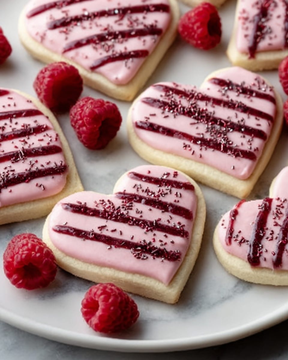 The image shows several heart-shaped cookies arranged on a white marbled surface. Each cookie has two clear layers: the base layer is a light beige color with a smooth texture, while the top layer is a pink icing with a slightly rough finish. The cookies are decorated with thin dark red lines drizzled diagonally across the surface. Scattered between the cookies are fresh bright red raspberries with a bumpy texture. Photo taken with an iphone --ar 4:5 --v 7