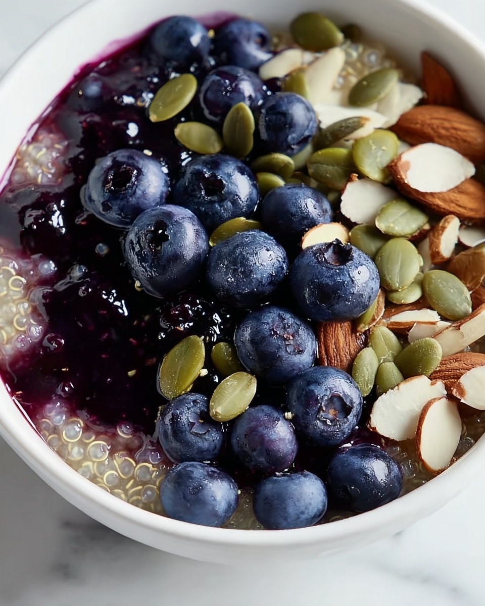 A close-up view of a white bowl filled with cooked translucent white quinoa forming the base layer, mixed with a glossy deep purple berry sauce that adds patches of rich color. On top, there are plump, fresh blueberries with a slightly shiny, textured skin scattered evenly across the surface. Mixed in are a few darker dried berries that have a wrinkled appearance. The topmost layer includes whole almonds with a smooth light brown color and green pumpkin seeds with a matte, flat texture, clustered toward the center of the bowl. The bowl sits on a white marbled surface, and the overall look is fresh and vibrant. Photo taken with an iphone --ar 4:5 --v 7