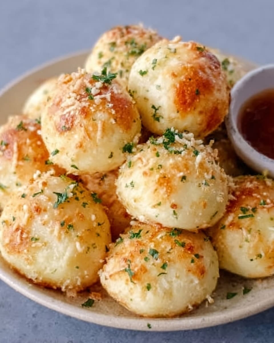 A white plate filled with small golden-brown round bread bites stacked loosely, each topped with a sprinkle of finely chopped green herbs and grated white cheese, with some pieces showing a crispy texture and a light toasted color; the background features a white marbled surface. Photo taken with an iphone --ar 4:5 --v 7