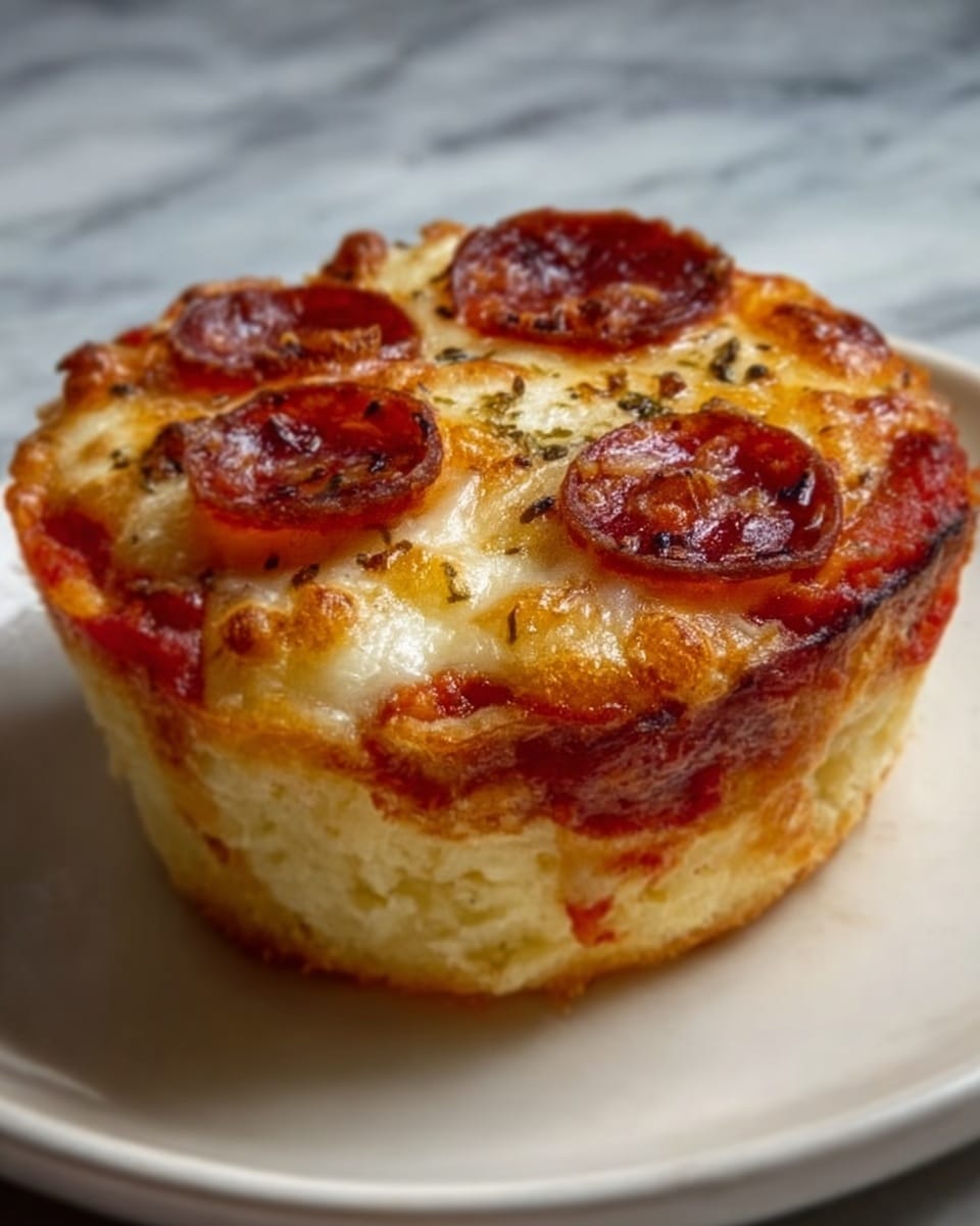 A thick round mini deep-dish pizza sits on a smooth white marbled surface. The bottom layer is a pale golden thick crust that looks soft but firm. Above the crust, there is a layer of bright red tomato sauce, partially hidden by a thick layer of melted cheese that is golden and slightly browned on top. Scattered on top are several slices of crispy dark red-brown pepperoni, some edges curled and browned. Small green herb bits are sprinkled over the cheese and pepperoni, adding texture and color. The pizza looks hot and fresh, with a slight shine on the melted cheese. Photo taken with an iphone --ar 4:5 --v 7