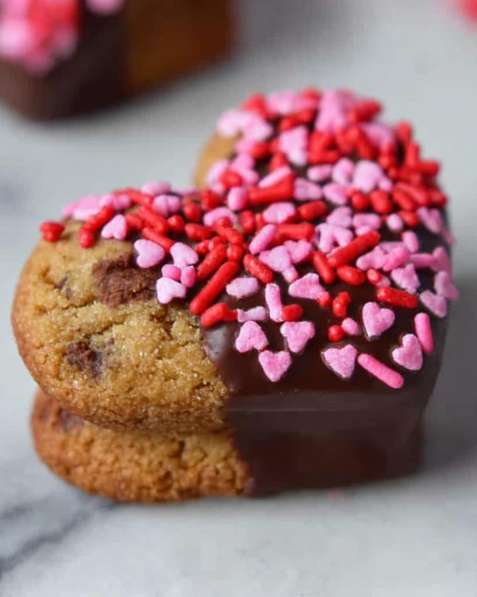 The image shows a close-up of a heart-shaped cookie with dark chocolate chips. The cookie is dipped halfway in melted dark chocolate and covered with red and pink sprinkles shaped like rods and hearts. The cookie rests on a white marbled surface with a blurred background, showing parts of other similar cookies. photo taken with an iphone --ar 4:5 --v 7