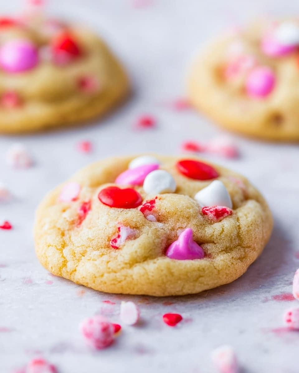 The image shows a soft, round cookie with a light golden-brown color and a slightly uneven surface. It is studded with colorful candy-coated chocolate pieces in red, pink, and white, which are scattered on top and slightly embedded in the dough. Around the cookie, there are a few loose pieces of the same candies spread on a white marbled surface. The cookie appears thick and chewy with a soft texture and a subtle shine on its top. Another similar cookie is slightly out of focus in the background. Photo taken with an iphone --ar 4:5 --v 7